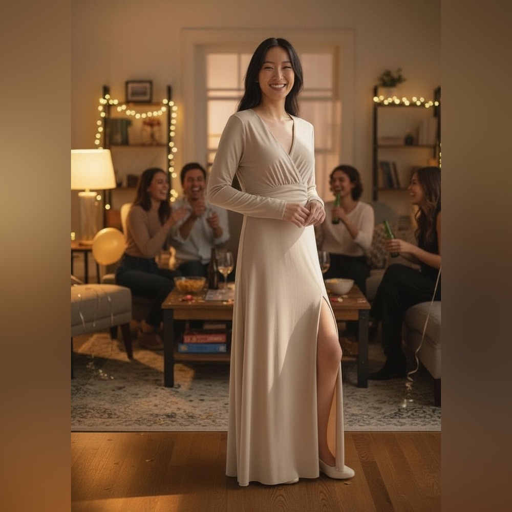 Elegant Cream Long Sleeve Stretchy Maxi Dress with a Slit - Picture 2 of 12